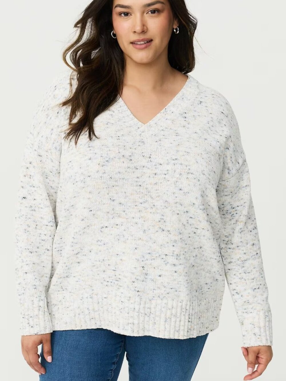 TORRID 1 Plus Size Chenille V-Neck Pullover Sweater White Gray Tan Knit Fall 1X